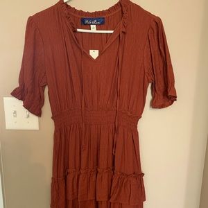 Cinched Waist Ruffle Dress - Rust